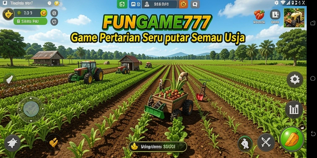 Tampilan gameplay FUNGAME777 dengan kebun yang subur dan tanaman beragam.