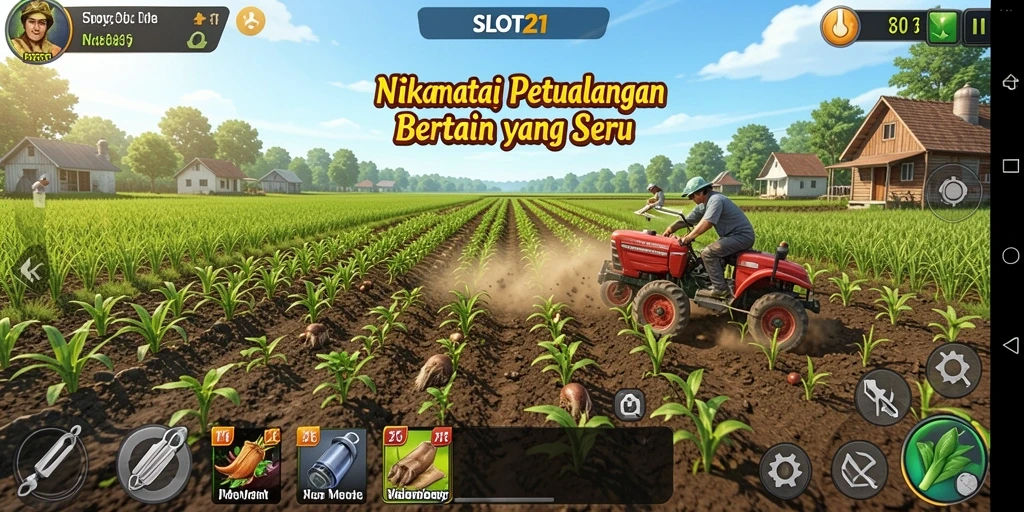 Tampilan menarik dari gameplay bertani di SLOT21 dengan berbagai jenis tanaman.